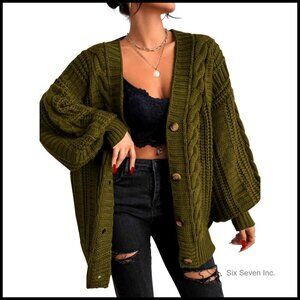 Oversized Cable Knit Cardigan Soft Recycled Polyester Chunky Sweater V-Neck